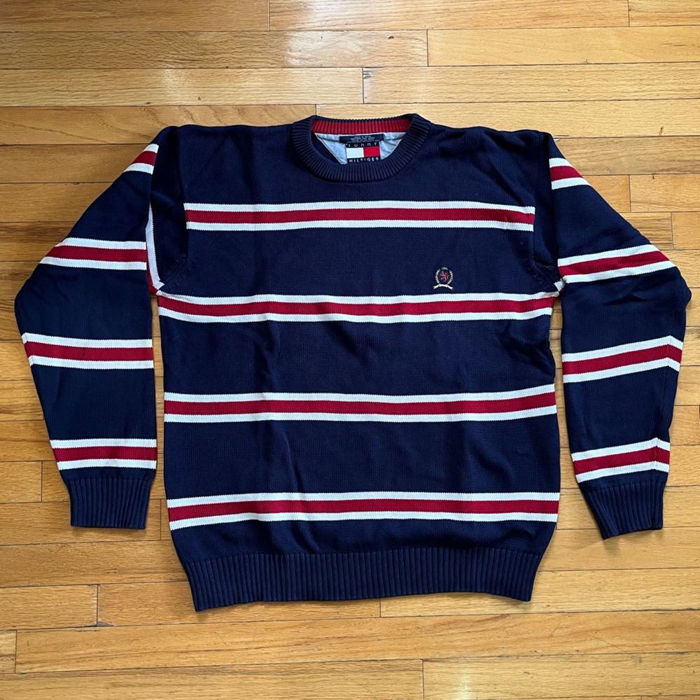 VTG 90s Tommy Hilfiger Heavyweight Cotton Knit Sweater Striped Embroidered Logo